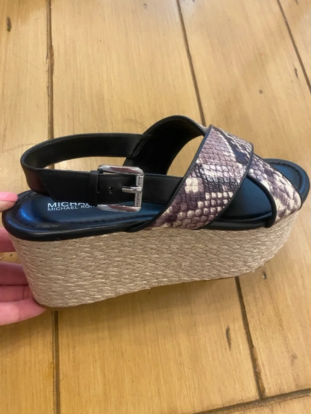 Michael Kors Women’s Snake Print Jodi Espadrille Wedge Sandal Black Brn New 9